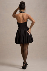 Black Halter-Neck Mini Dress With Puff-Ball Skirt